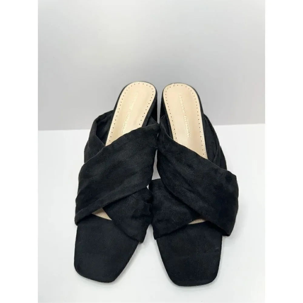 Adrienne Vittadini Sandals Womens 9.5 Crossover Black Faux‎ Suede Chunky Heels